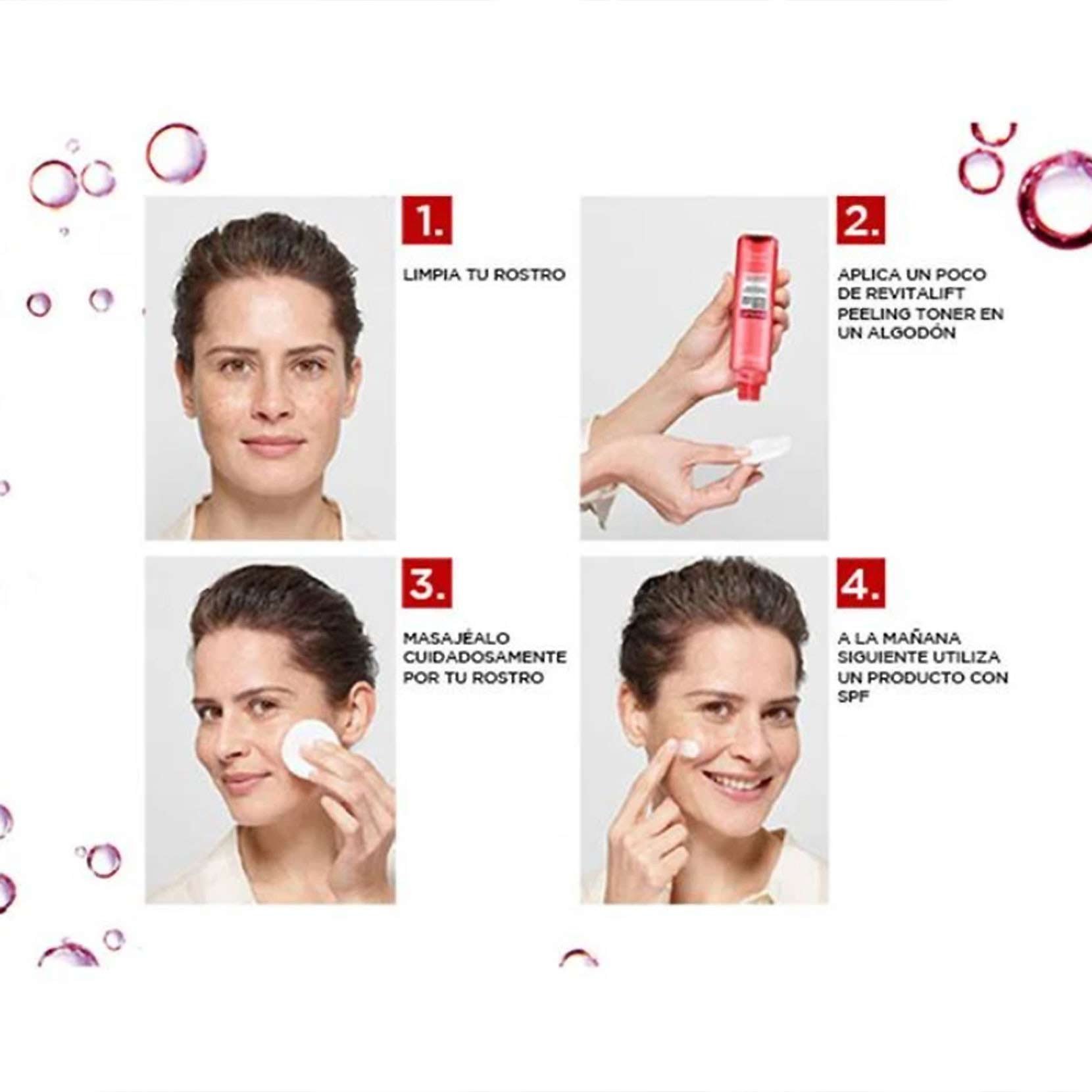 Mientras utilices Peeling Toner, aplica siempre crema hidratante con SPF por las mañanas. La exfoliación elimina las células muertas más superficiales de la piel y esta queda más expuesta a los rayos de sol y la contaminación.